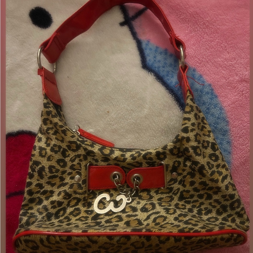 Leopard Print Shoulder Bag with Red Accents